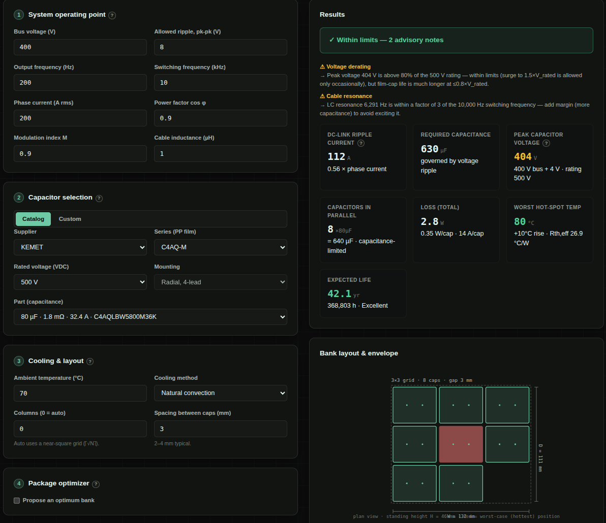 DC-link capacitor sizing calculator interface